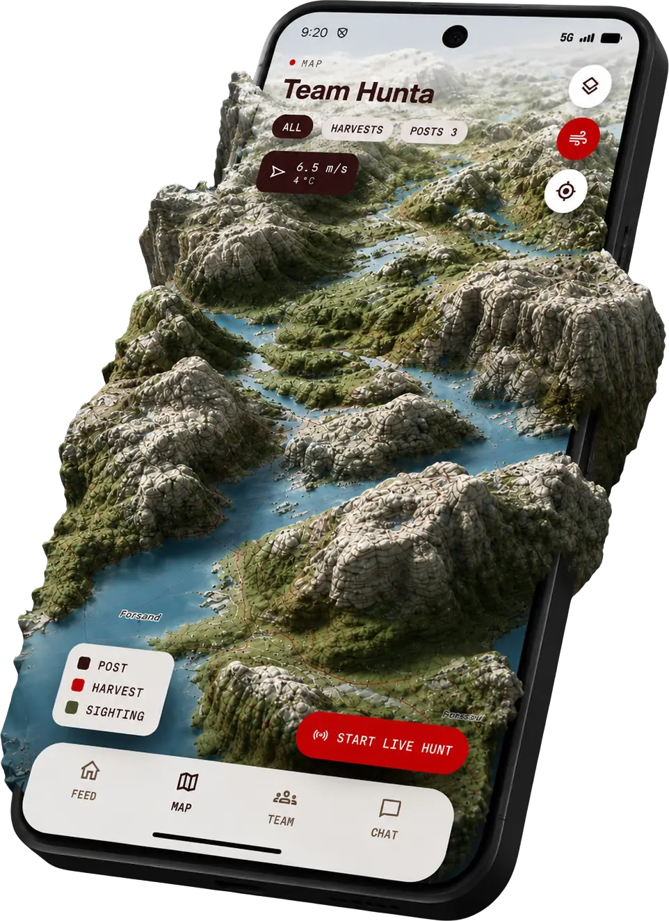 The Hunta app showing hunting terrain in 3D: ridges, valleys and water in relief, with live hunt and wind direction