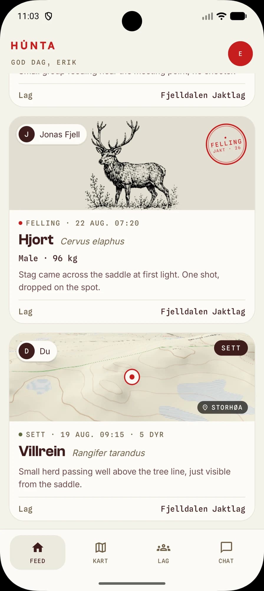 The game book in the app with the bag and observations