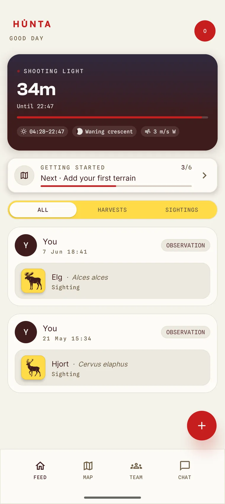 The Hunta app's feed with shooting-light countdown and moose and red deer sightings