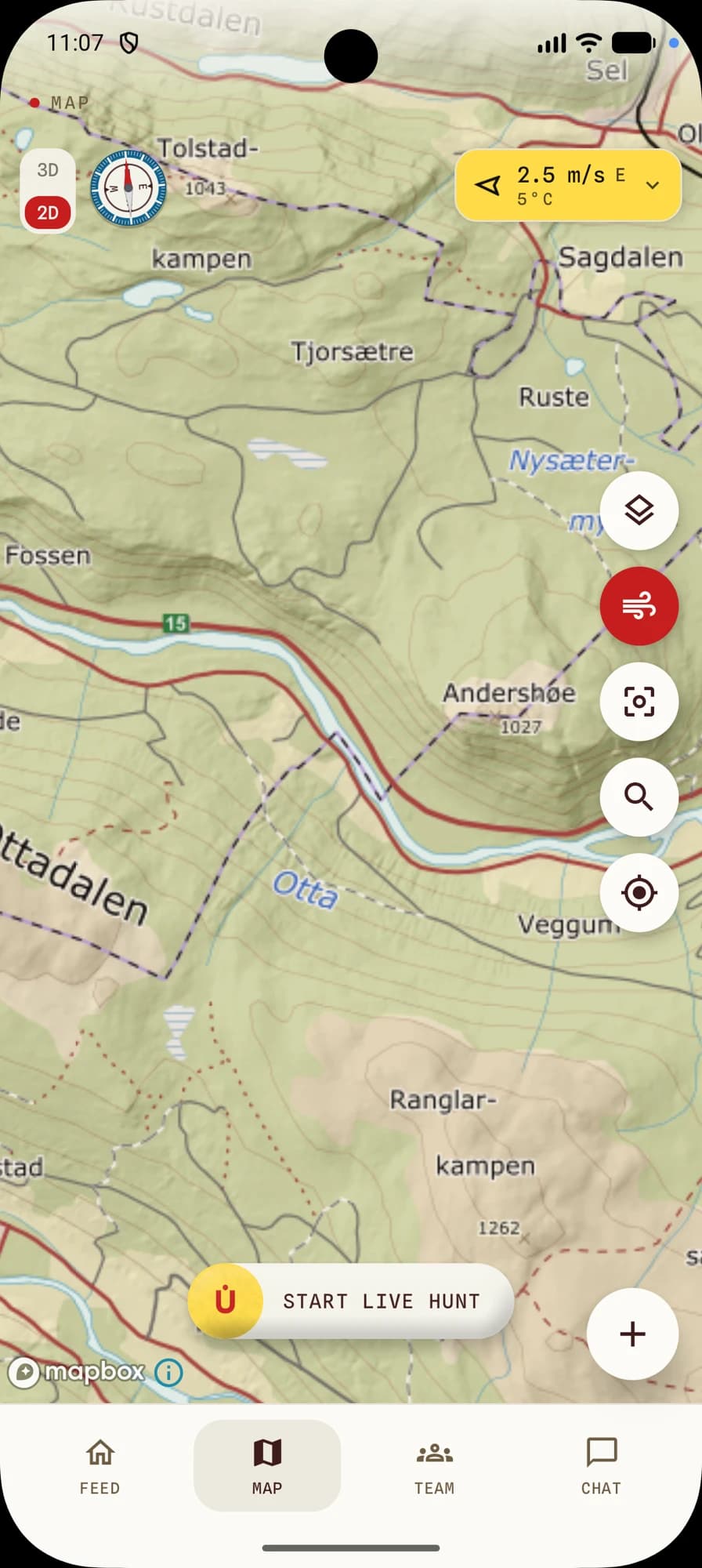 The Hunta app's map with wind direction, pegs and the start the day button