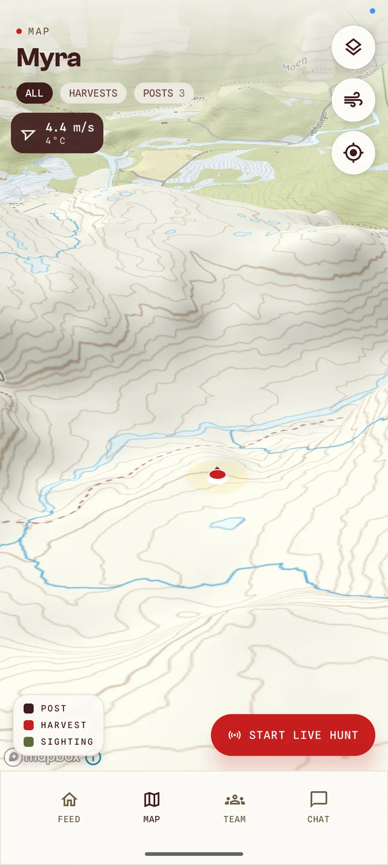 The Hunta app's hunt map with wind direction, stands and start live hunt button
