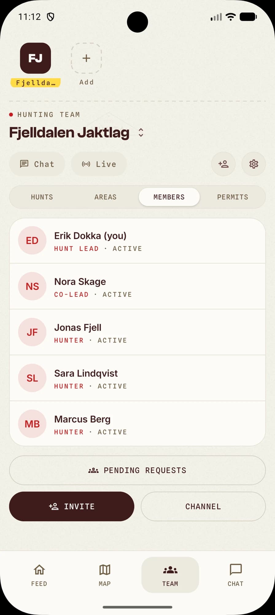 The syndicate's page in the Hunta app with grounds, total area and area list