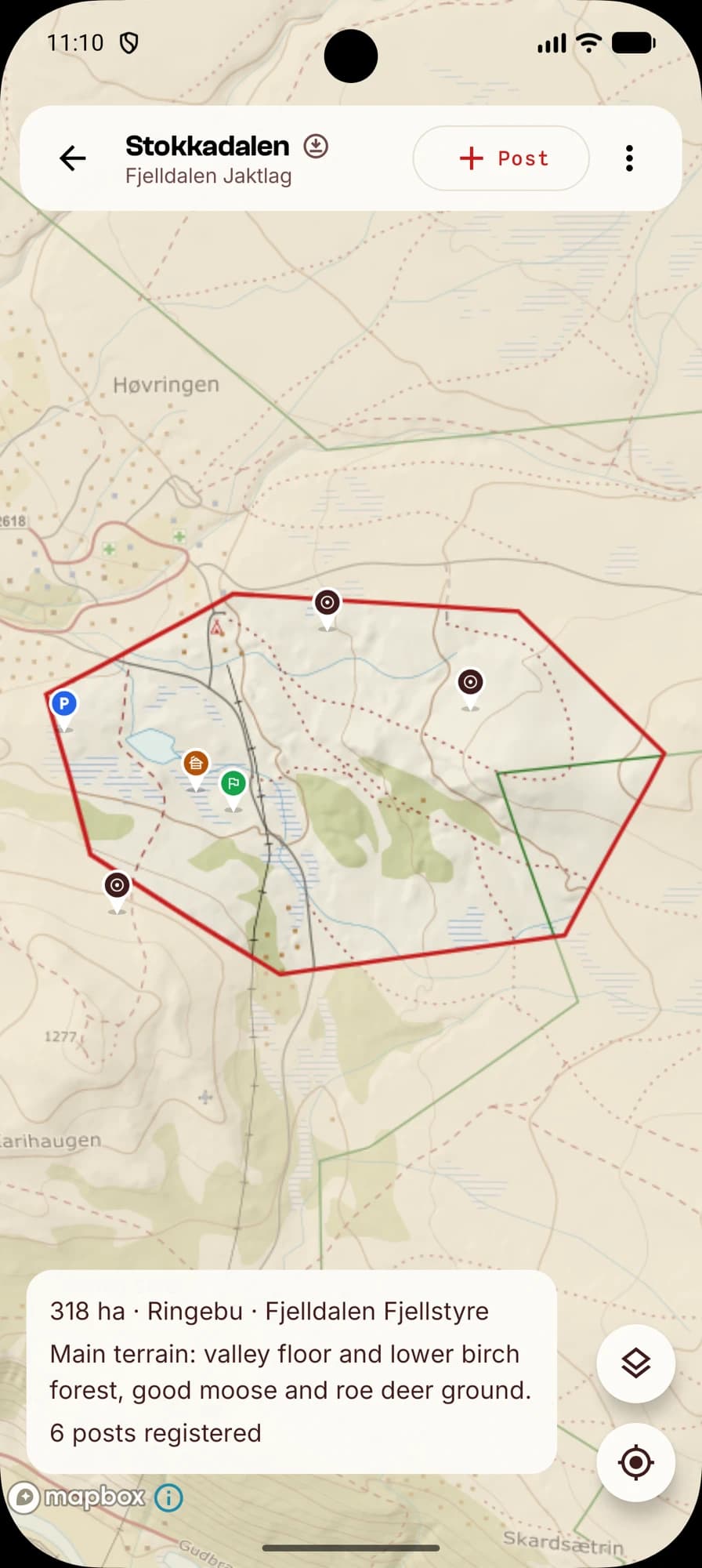 The Hunta app with a selected property snapping to property boundaries, 2278 decares